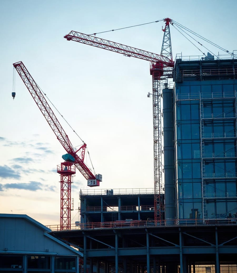 Steel-frame construction site at dusk